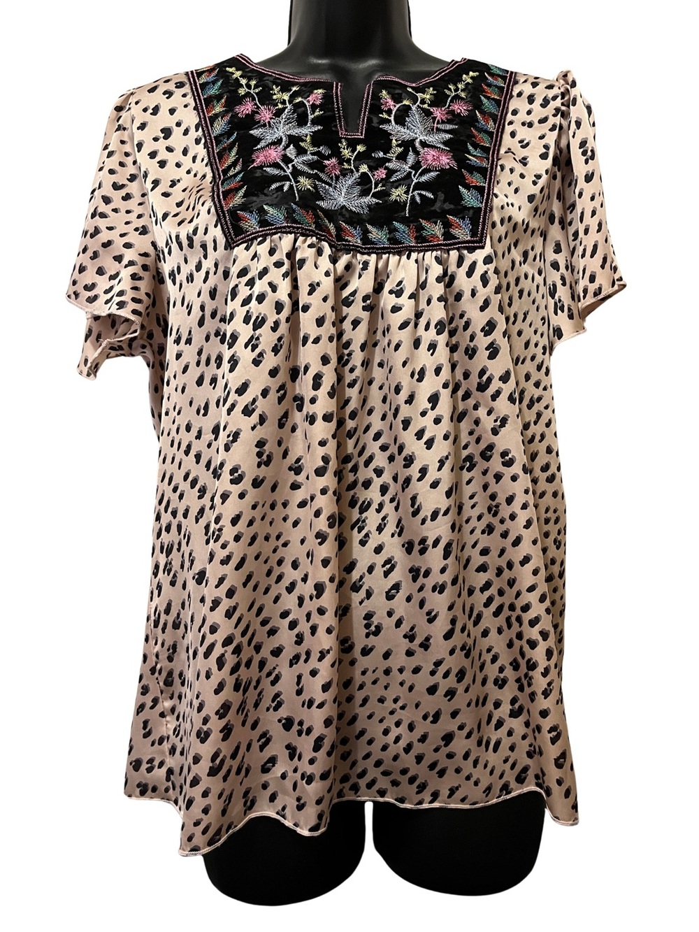 Embroidered Yoke Animal-Print Blouse - Blush
